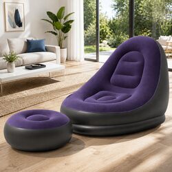 Inflatable Chair with Ottoman Air Sofa Blow Up Seat for Camping Lounging Purple