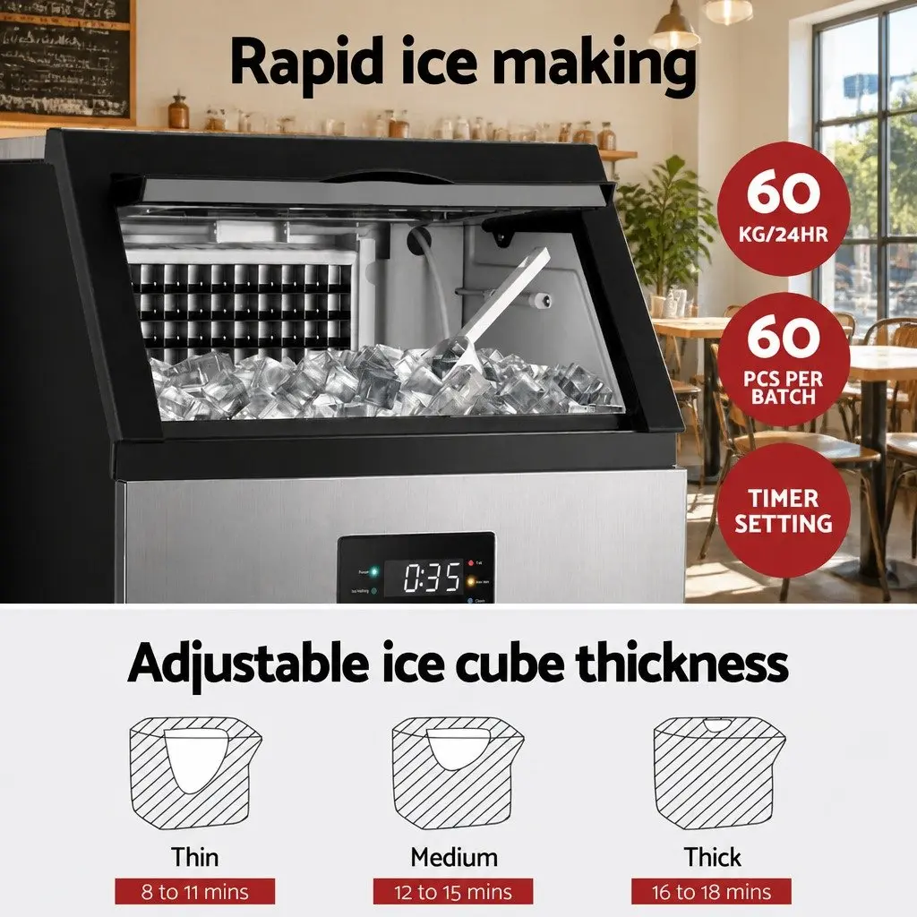 Commercial Ice Maker Machine 60kg Capacity Cube Production Stainless Steel