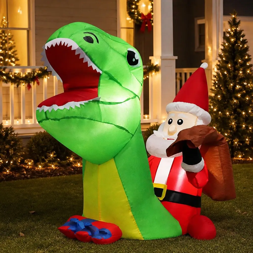 Christmas Dinosaur Inflatable Outdoor Decoration 1.75M with LED Lights Waterproof Fabric