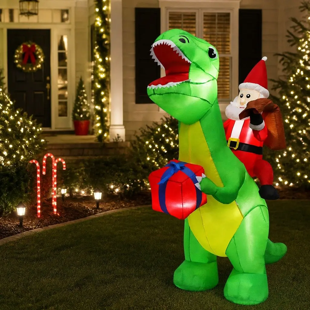 Christmas Dinosaur Inflatable Outdoor Decoration 1.75M with LED Lights Waterproof Fabric
