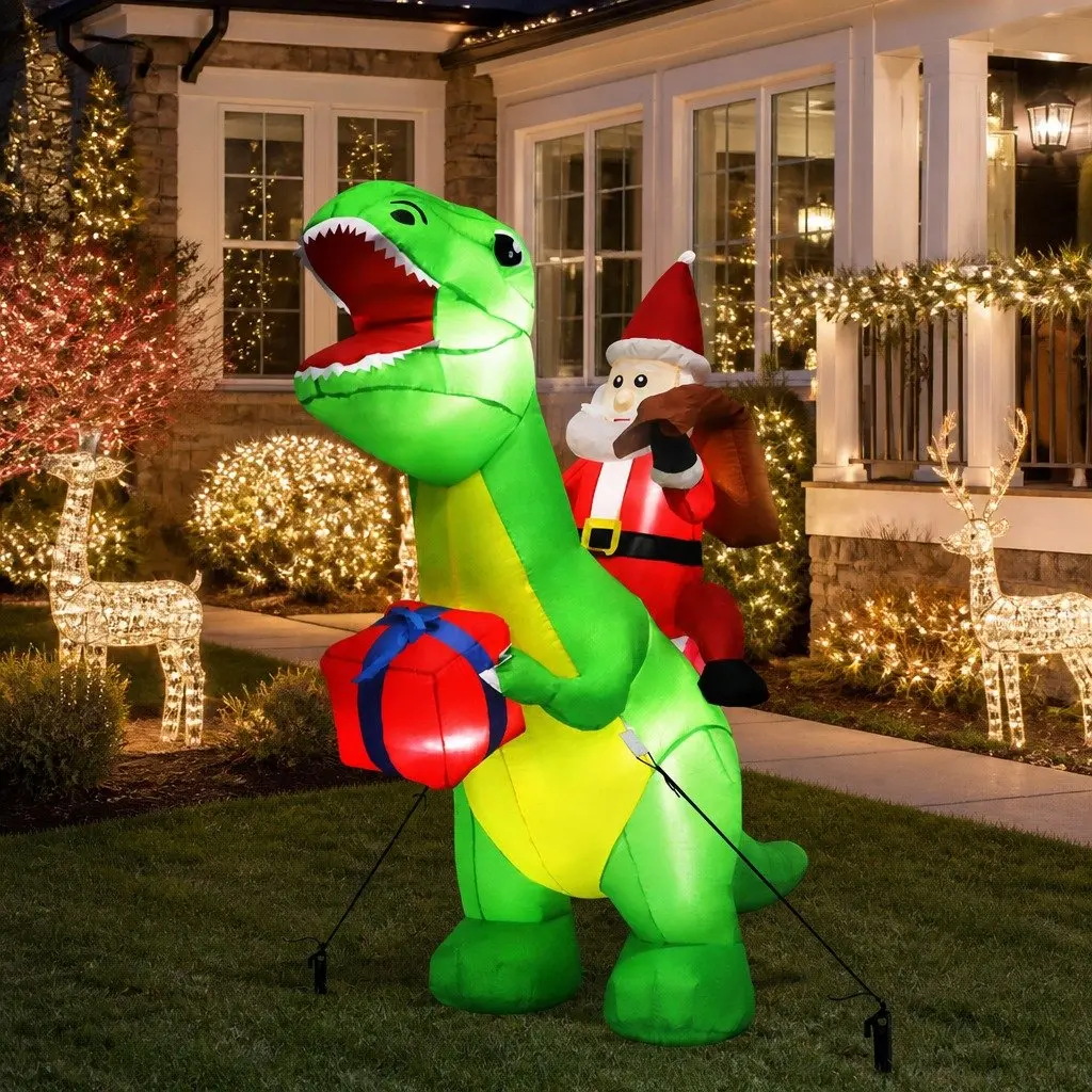 Christmas Dinosaur Inflatable Outdoor Decoration 1.75M with LED Lights Waterproof Fabric