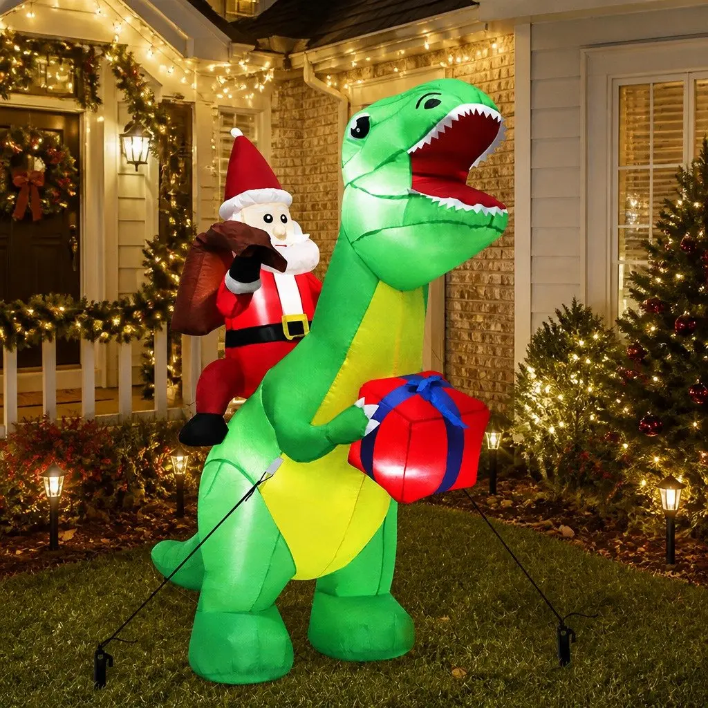 Christmas Dinosaur Inflatable Outdoor Decoration 1.75M with LED Lights Waterproof Fabric