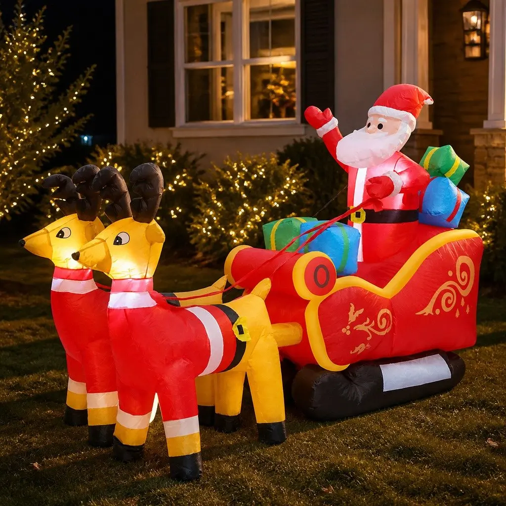 LED Inflatable Santa Sleigh Reindeer 2.2M Christmas Outdoor Garden Decoration