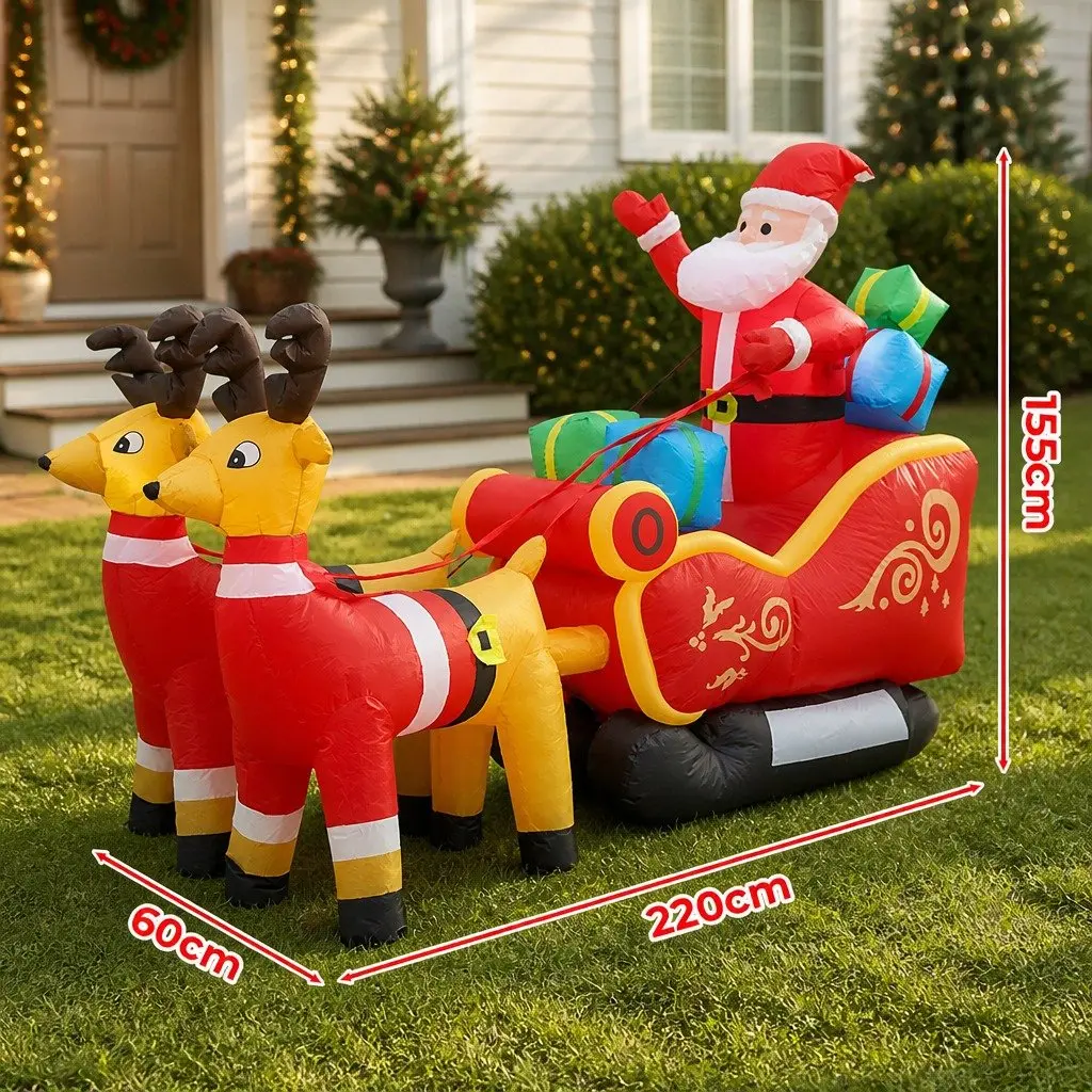 LED Inflatable Santa Sleigh Reindeer 2.2M Christmas Outdoor Garden Decoration