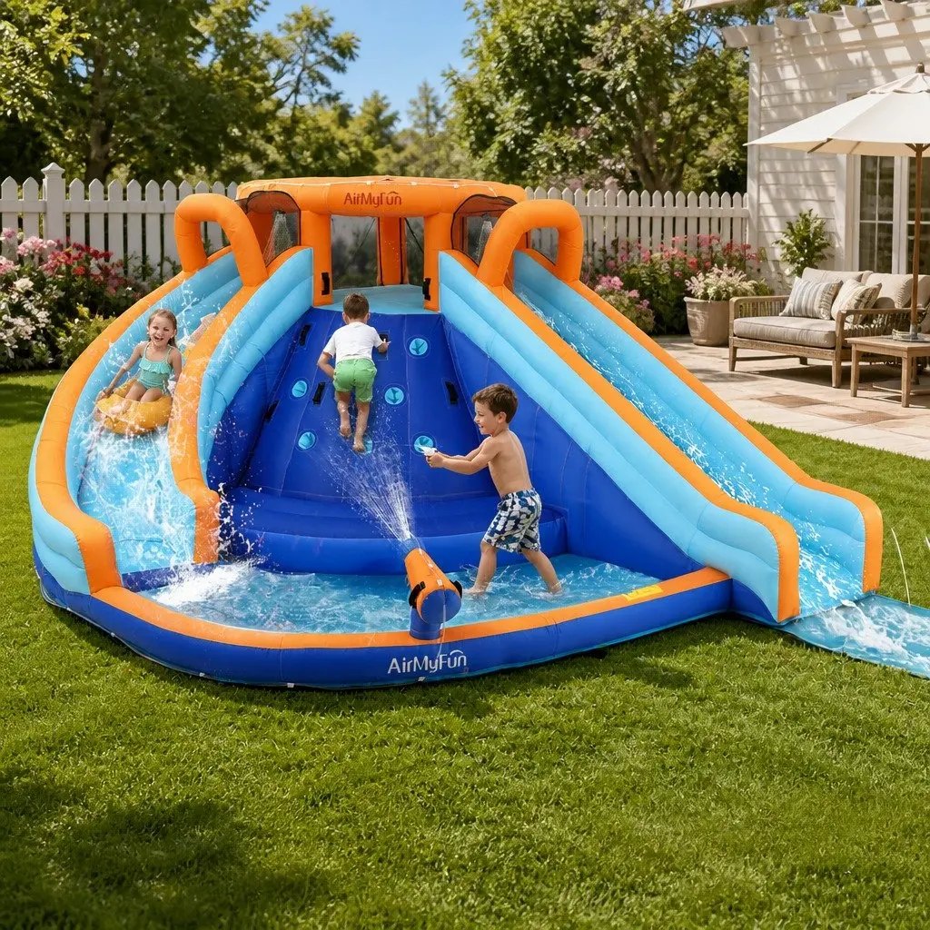 Kids Inflatable Water Park Double Slide Climbing Wall Splash Pool 465cm x 390cm x 230cm