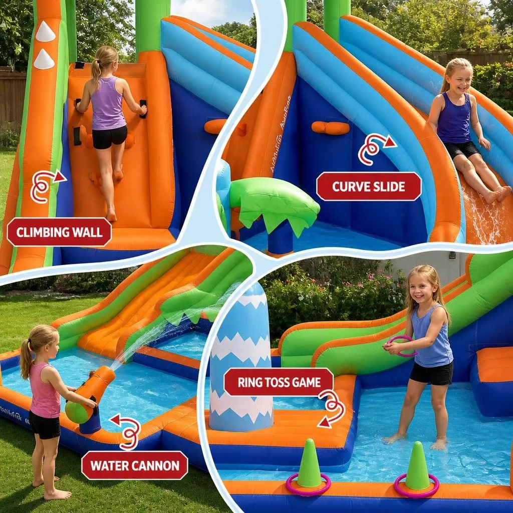 Kids Inflatable Water Park Double Slide Climbing Wall 465cm x 430cm x 250cm