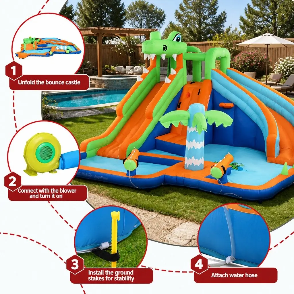 Kids Inflatable Water Park Double Slide Climbing Wall 465cm x 430cm x 250cm