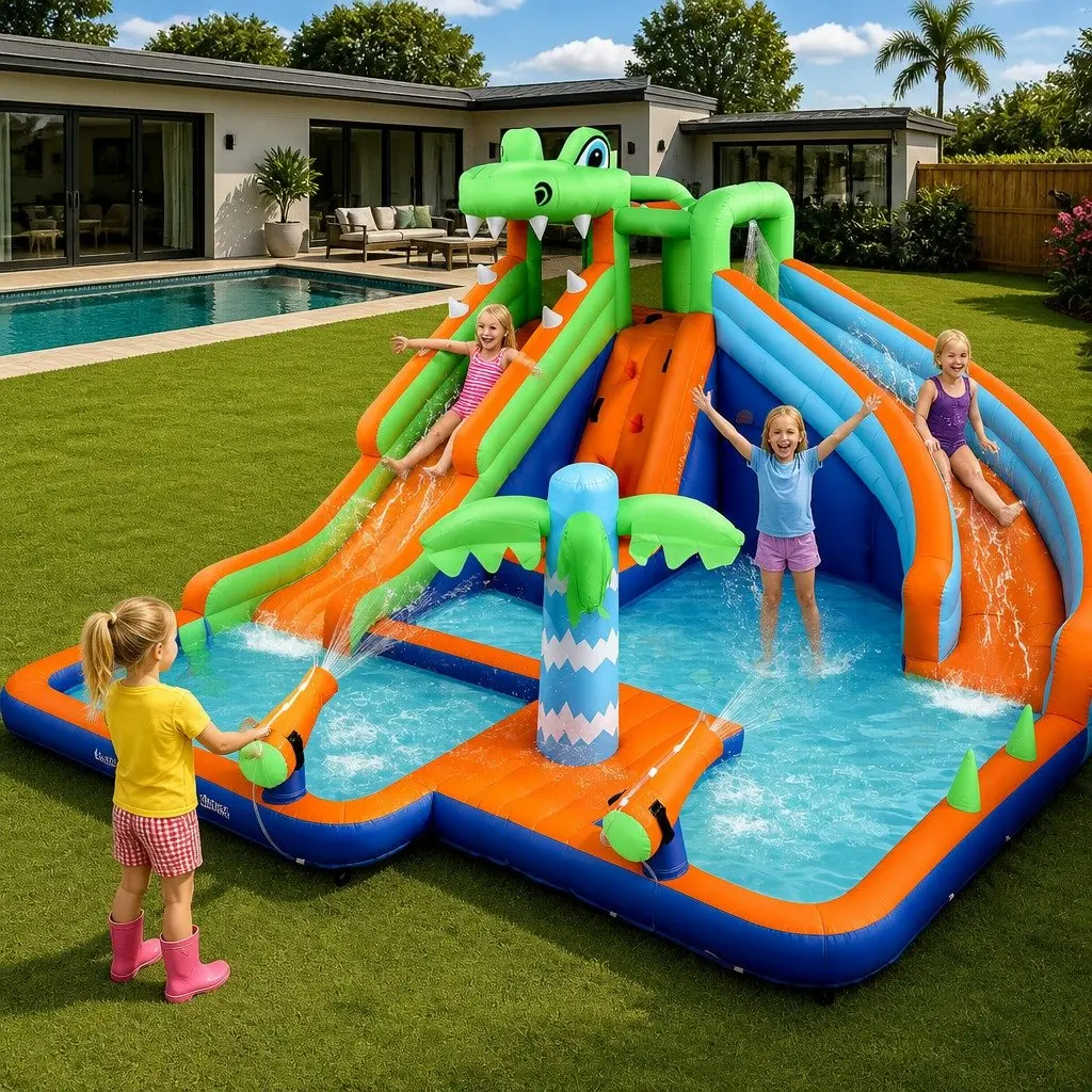 Kids Inflatable Water Park Double Slide Climbing Wall 465cm x 430cm x 250cm