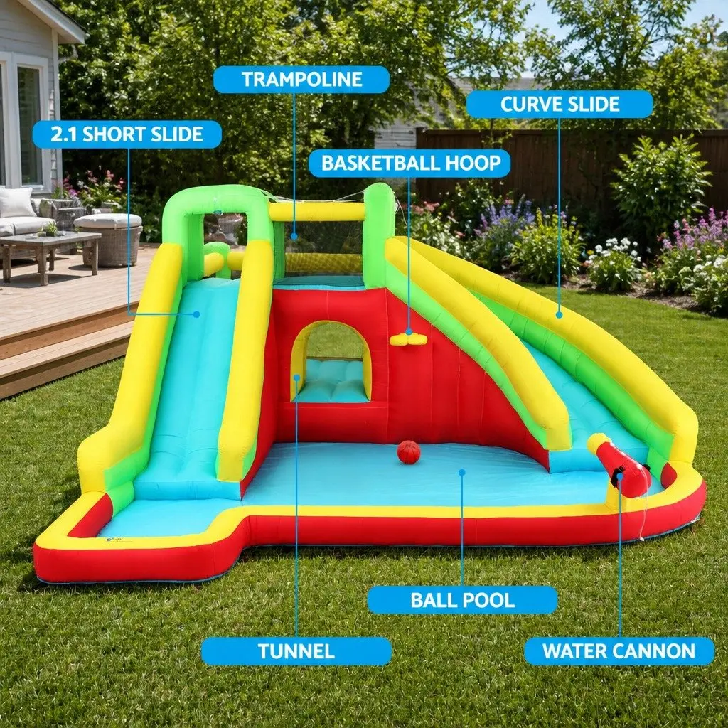 Kids Inflatable Water Slide Park with Trampoline and Climbing Wall 575cm x 445cm x 225cm