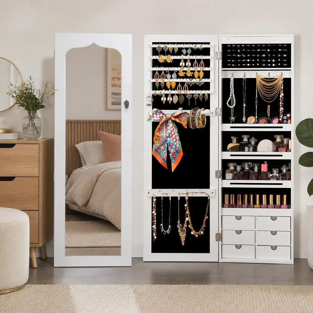 Full Length Mirror Jewellery Cabinet Lockable Wall Mounted Door Hanging Storage 120cm x 37cm x 8.7cm