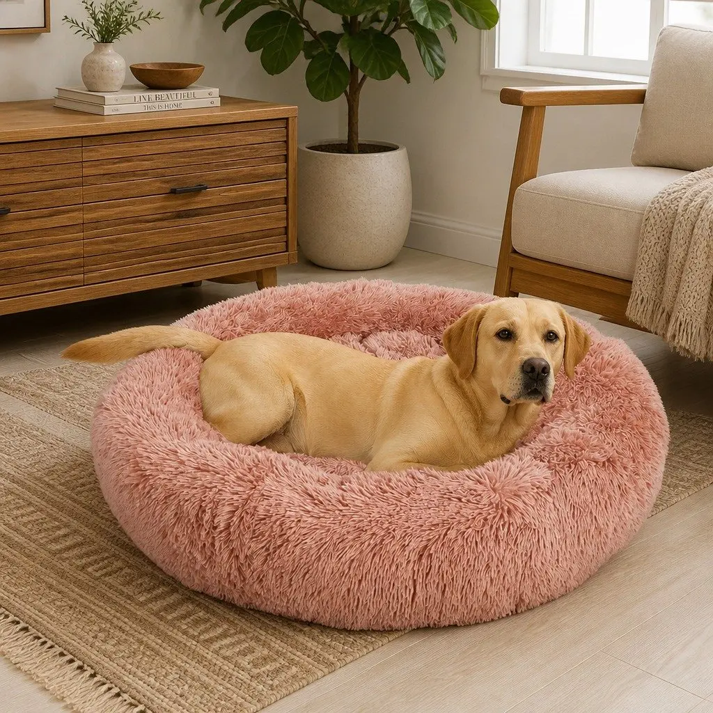 Large Round Cushion Pet Bed Non-Slip Pink Calming Nest for Dogs and Cats