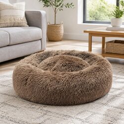 Pet Bed Mattress Donut-Shaped Large Brown Calming Dog Bedding Comfort Lounger