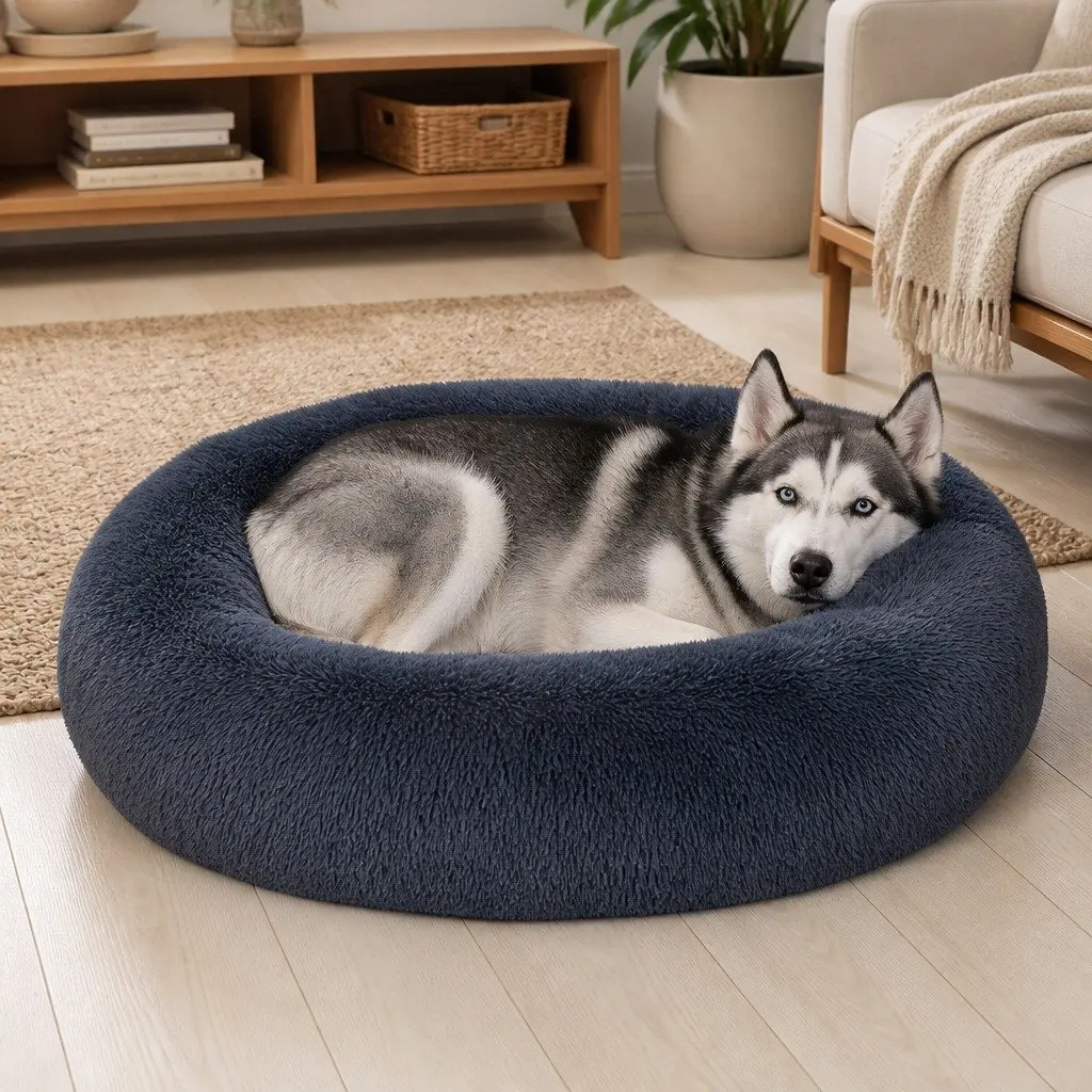 Pet Bed Donut-Shaped Dog Mattress Medium Dark Grey Plush Calming Comfort