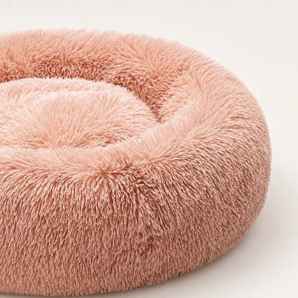Pet Bed Donut Nest Calming Medium Raised Rim Non-Slip Pink Plush
