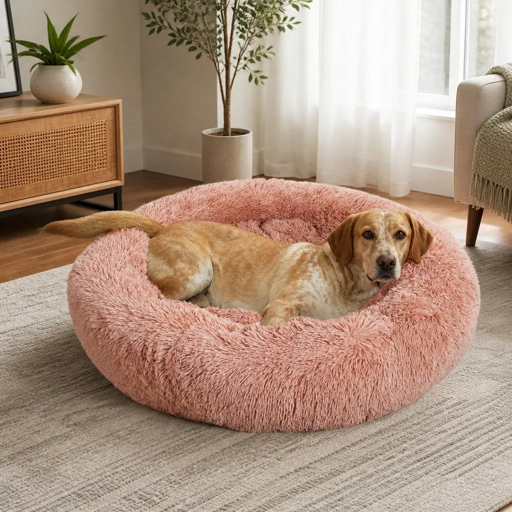 Pet Bed Donut Nest Calming Medium Raised Rim Non-Slip Pink Plush