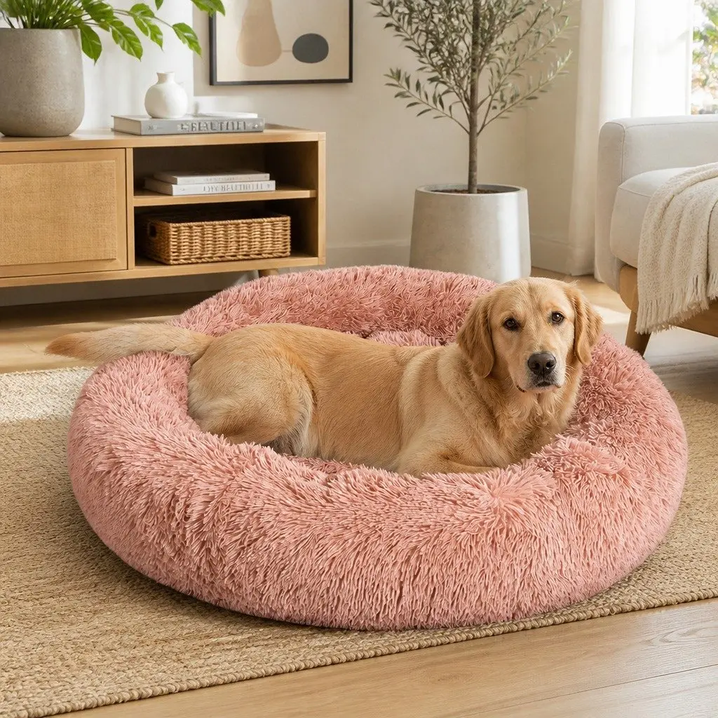 Pet Bed Donut Nest Calming Medium Raised Rim Non-Slip Pink Plush