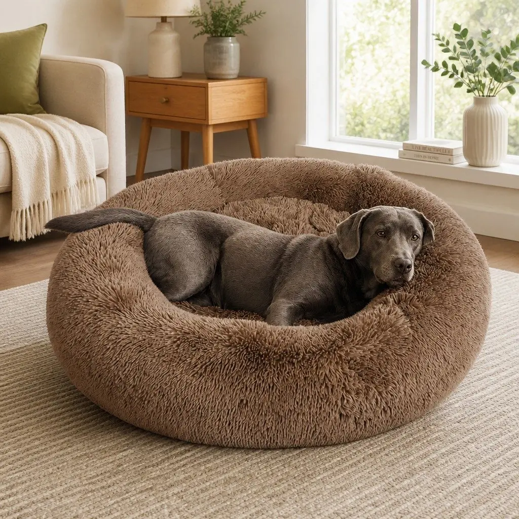 Pet Bed Donut-Shaped Calming Medium Brown Washable