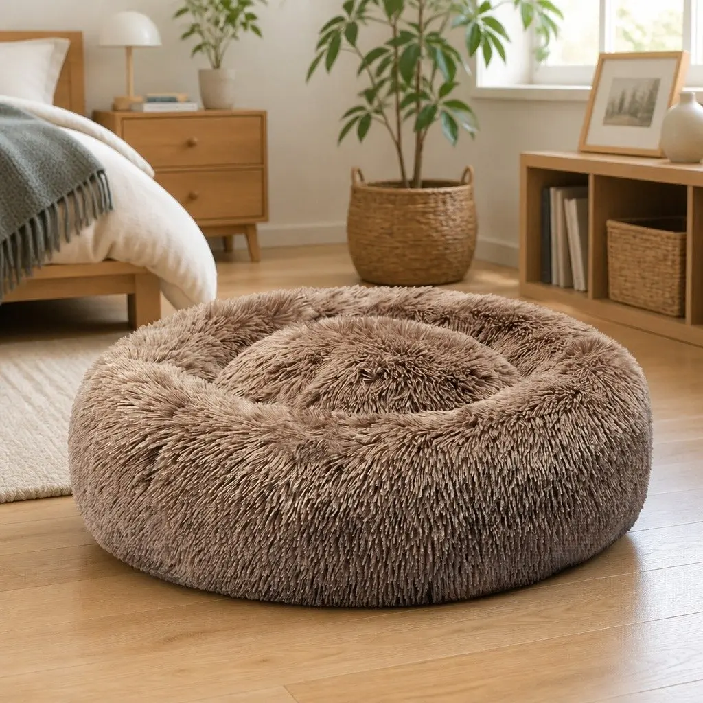 Dog Bed Donut-Shaped Small Brown Calming Mattress