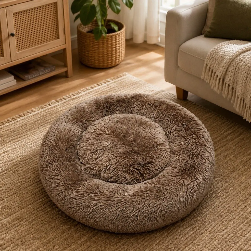 Dog Bed Donut-Shaped Small Brown Calming Mattress