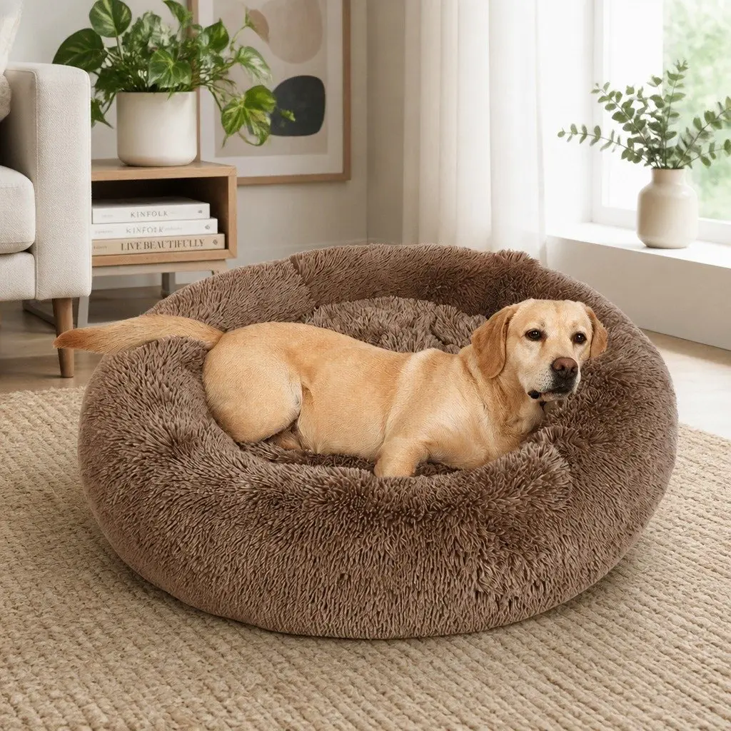 Dog Bed Donut-Shaped Small Brown Calming Mattress
