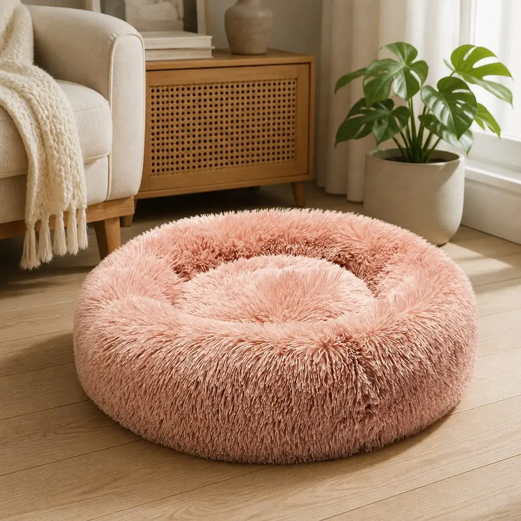 Pet Bed Donut Nest Calming Bed XL Pink Raised Rim Machine Washable