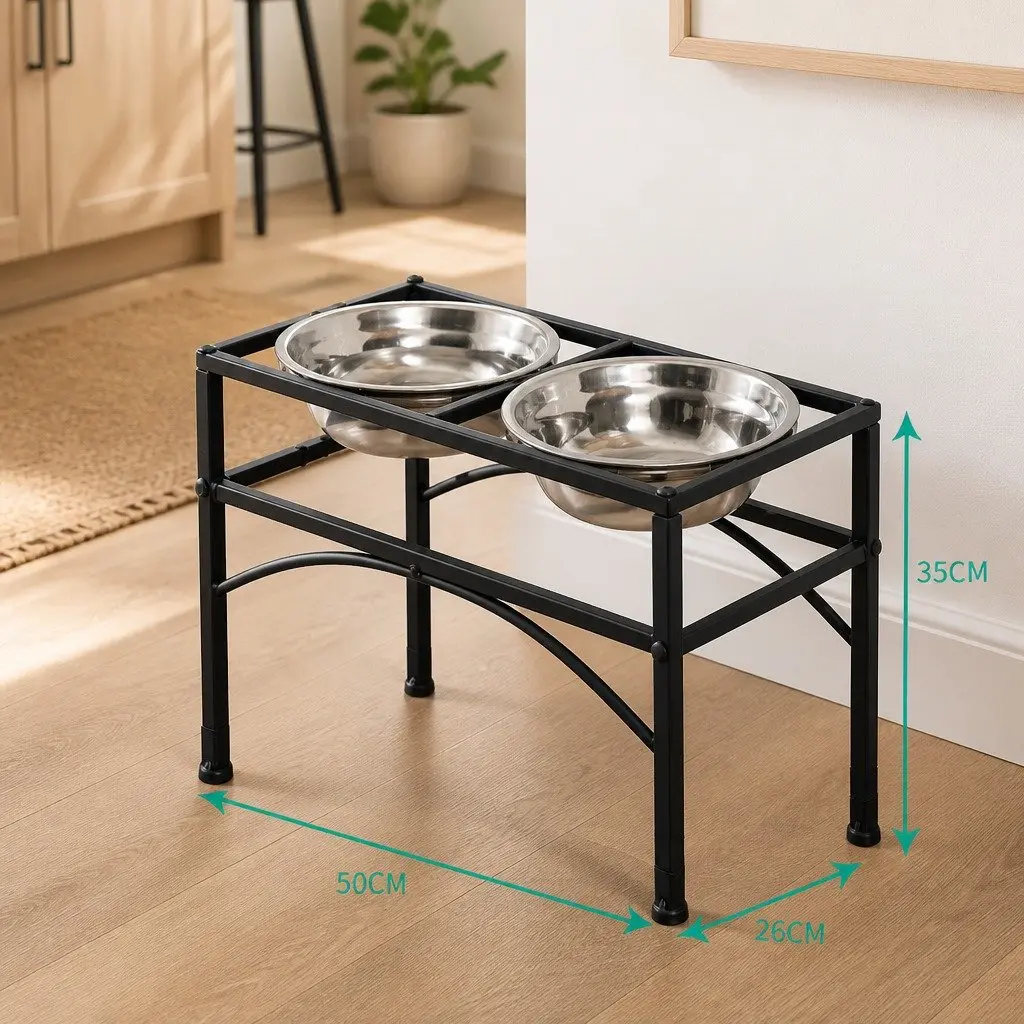 Dual Elevated Pet Feeding Station Large Stainless Steel Bowls Black Iron Base