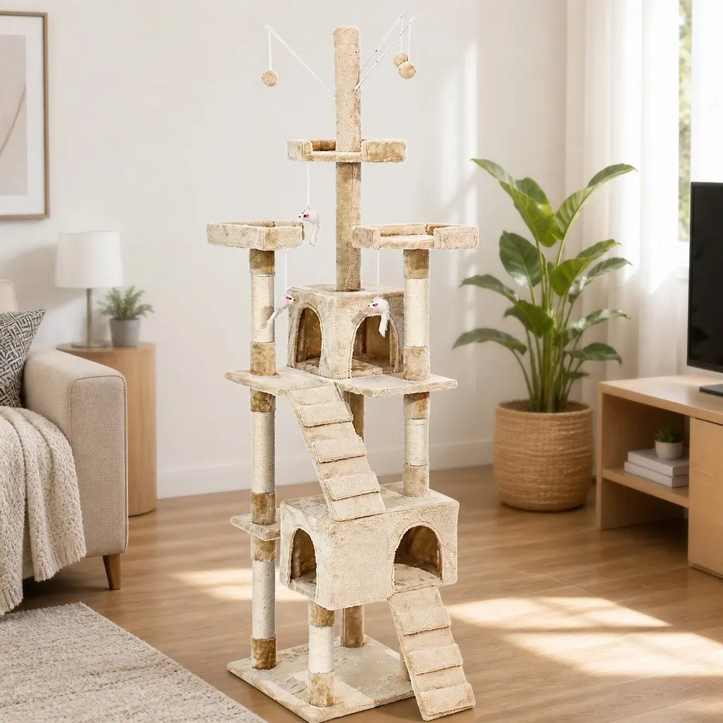 Cat Tree Multi-Level Climbing Frame Plush Beige 210cm