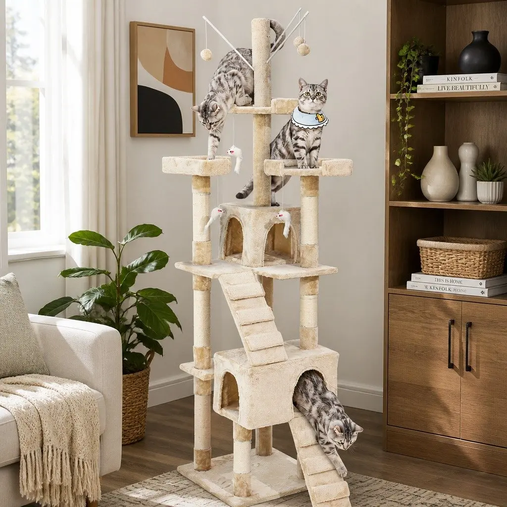 Cat Tree Multi-Level Climbing Frame Plush Beige 210cm