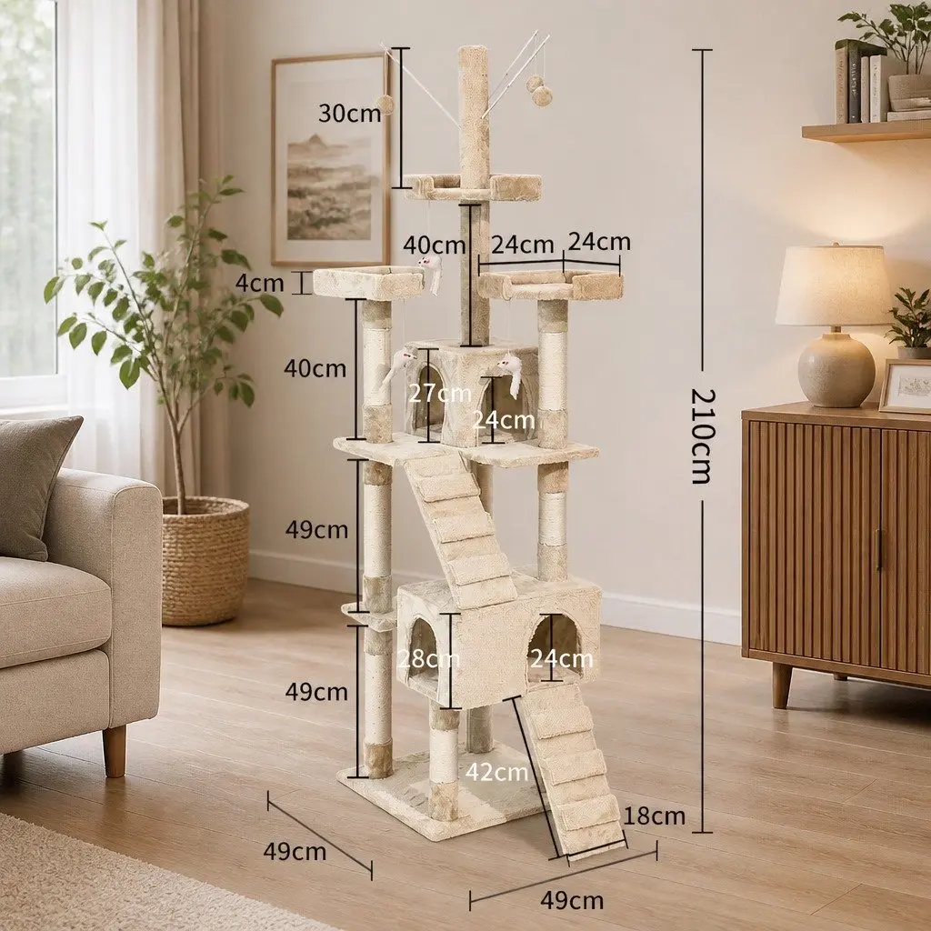Cat Tree Multi-Level Climbing Frame Plush Beige 210cm