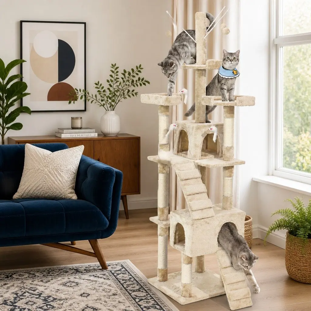 Cat Tree Multi-Level Climbing Frame Plush Beige 210cm