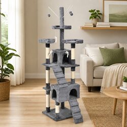 Cat Tree Scratching Post Multi-Level Climbing Frame Sisal Poles Plush Grey
