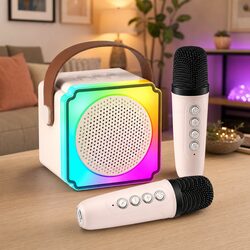 Mini Portable Karaoke Machine with 2 Wireless Microphones Bluetooth Speaker LED