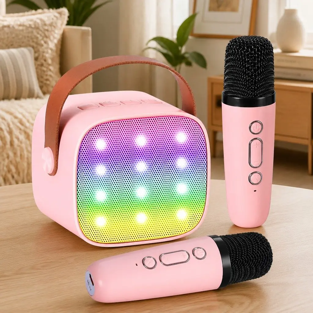 Mini Portable Karaoke Machine Pink with 2 Wireless Microphones