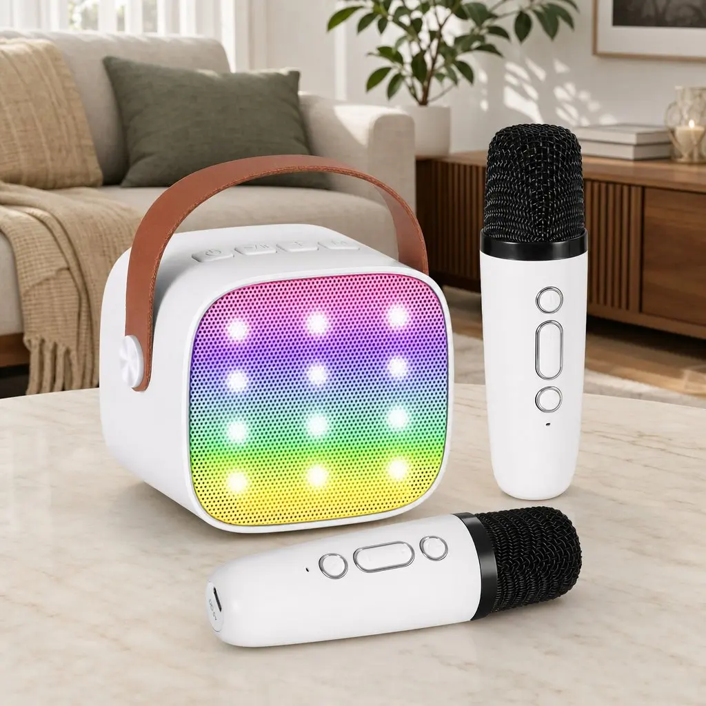 Mini Portable Karaoke Machine Bluetooth Speaker with 2 Wireless Microphones Compact Size