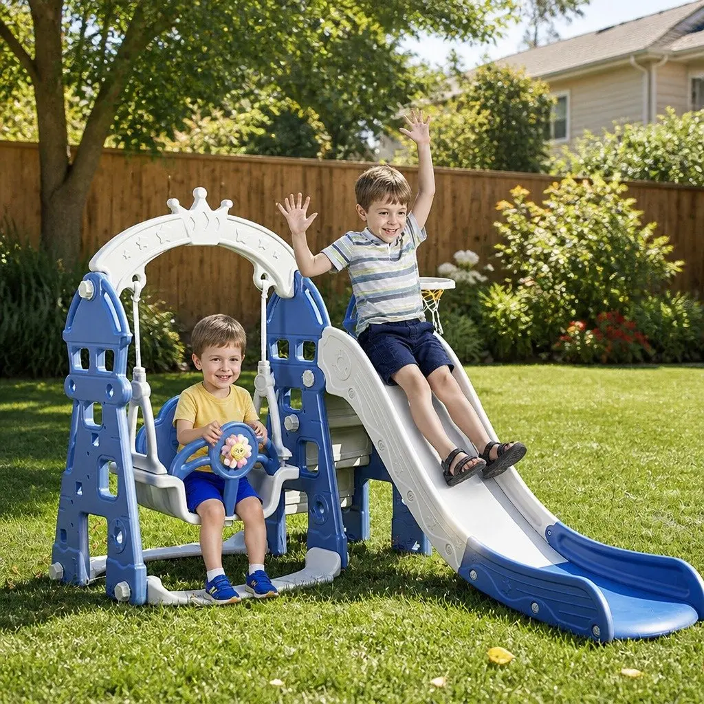Kids Slide Swing Set 4-in-1 Outdoor Play Centre Blue 185cm x 146cm x 122cm