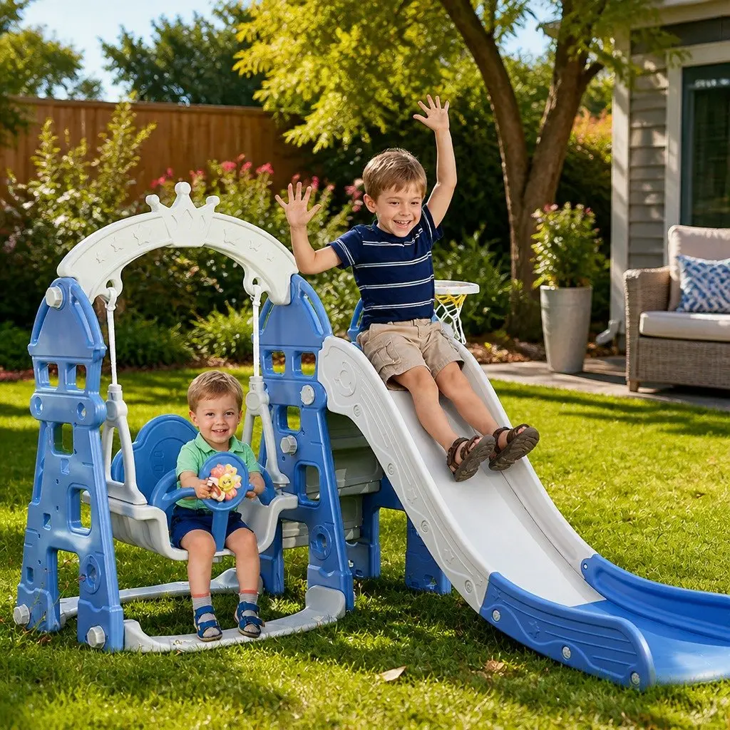Kids Slide Swing Set 4-in-1 Outdoor Play Centre Blue 185cm x 146cm x 122cm