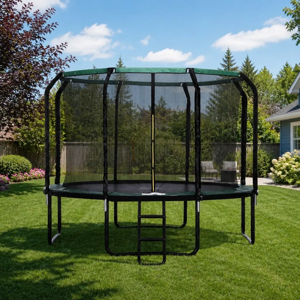 Round Trampoline 10FT Outdoor Backyard with Safety Net and Step Ladder