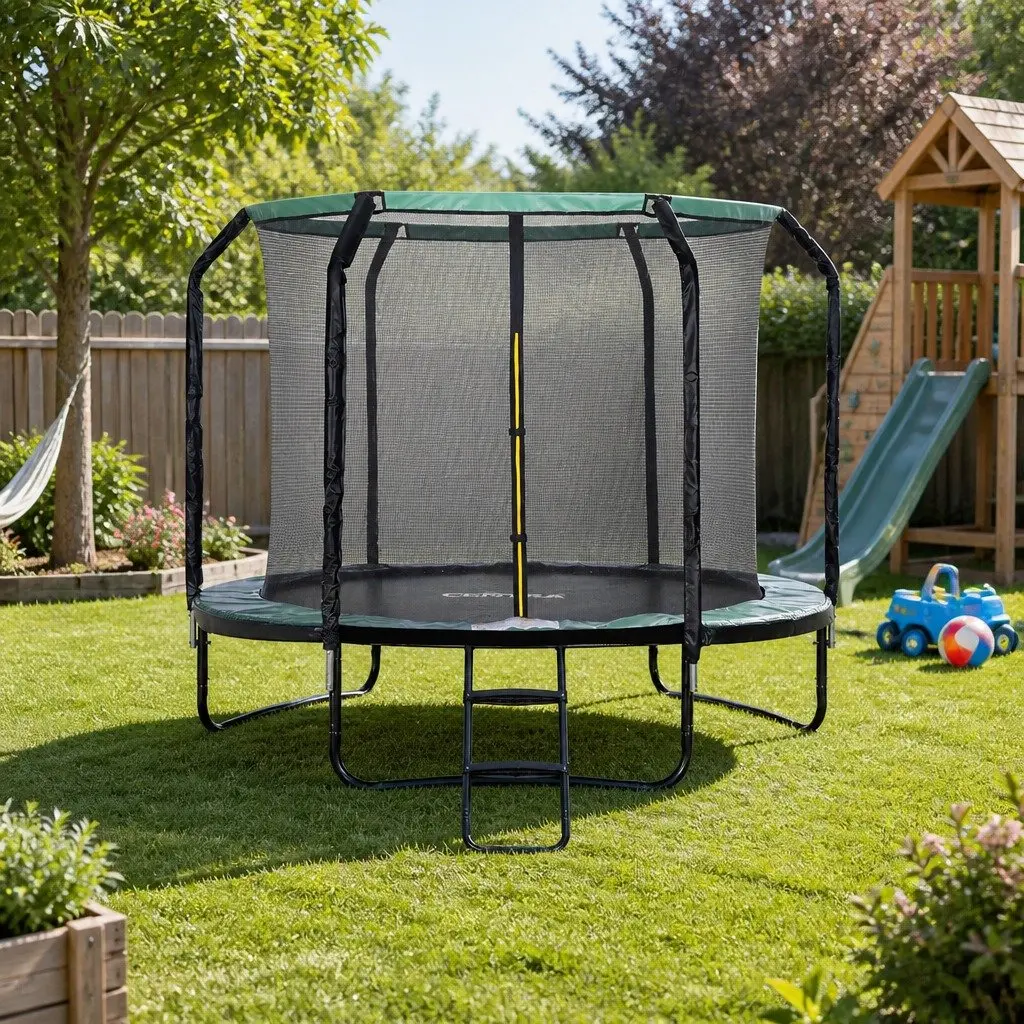 Round Trampoline with Safety Net Enclosure Ladder Basketball Hoop Home Backyard