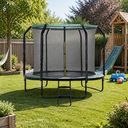 Round Trampoline with Safety Net Enclosure Ladder Basketball Hoop Home Backyard