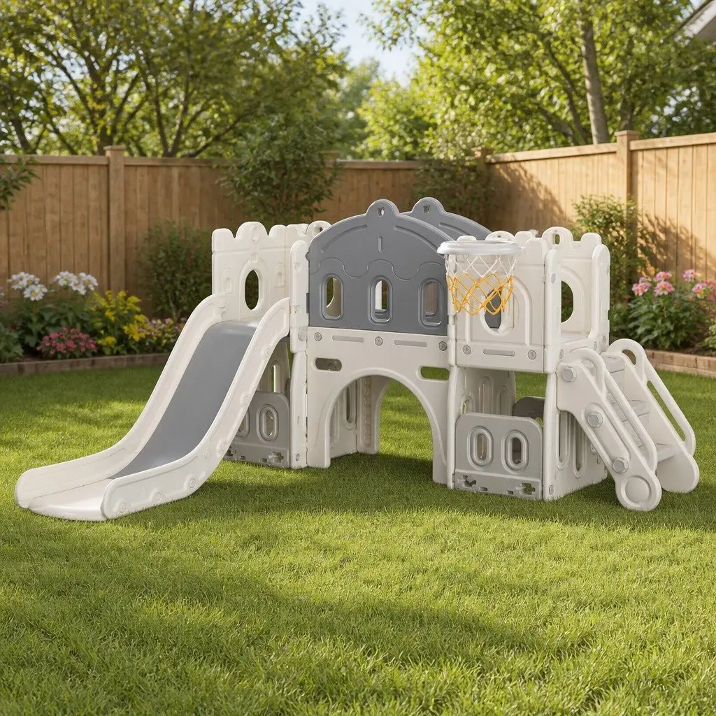 Kids Slide Set 6 In 1 Play Centre with Basketball Hoop Tunnel Stairs Outdoor Climbing 190cm L x 210cm W x 106cm H