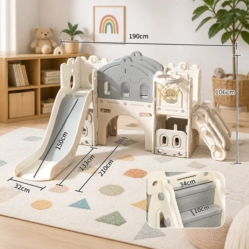 Kids Slide Set 6 In 1 Play Centre with Basketball Hoop Tunnel Stairs Outdoor Climbing 190cm L x 210cm W x 106cm H