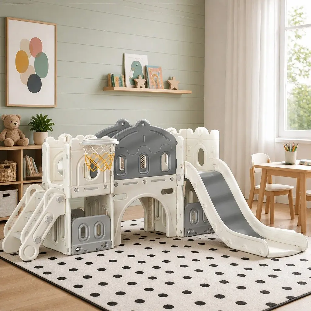 Kids Slide Set 6 In 1 Play Centre with Basketball Hoop Tunnel Stairs Outdoor Climbing 190cm L x 210cm W x 106cm H