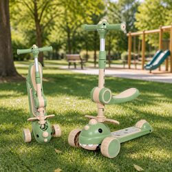Kids Scooter Foldable Flip-Seat 3-Wheel Lean Steer Adjustable Handlebar Green