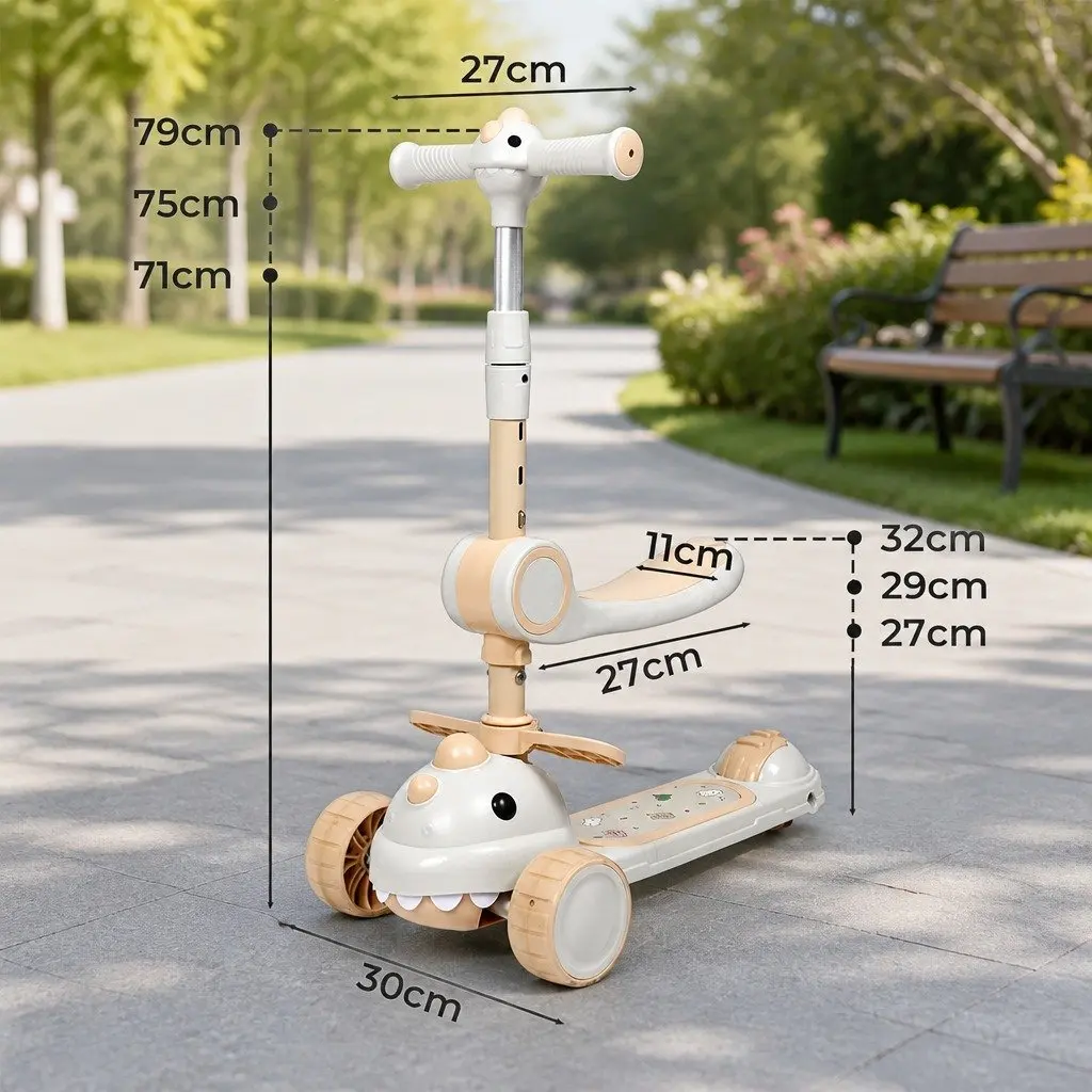Kids Scooter with Adjustable Handlebar Flip-able Seat Foldable 3 Wheels Beige