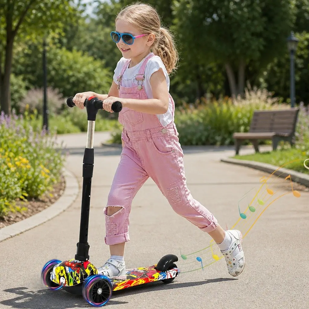 Kids Scooter Foldable 3 Wheel LED Light Up Wheels Adjustable Height Blue