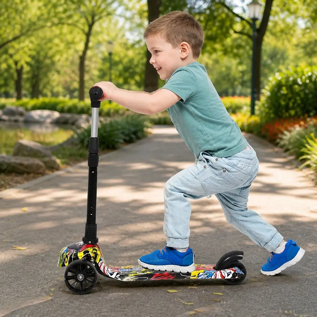 Kids Scooter Foldable 3 Wheel LED Light Up Wheels Adjustable Height Blue