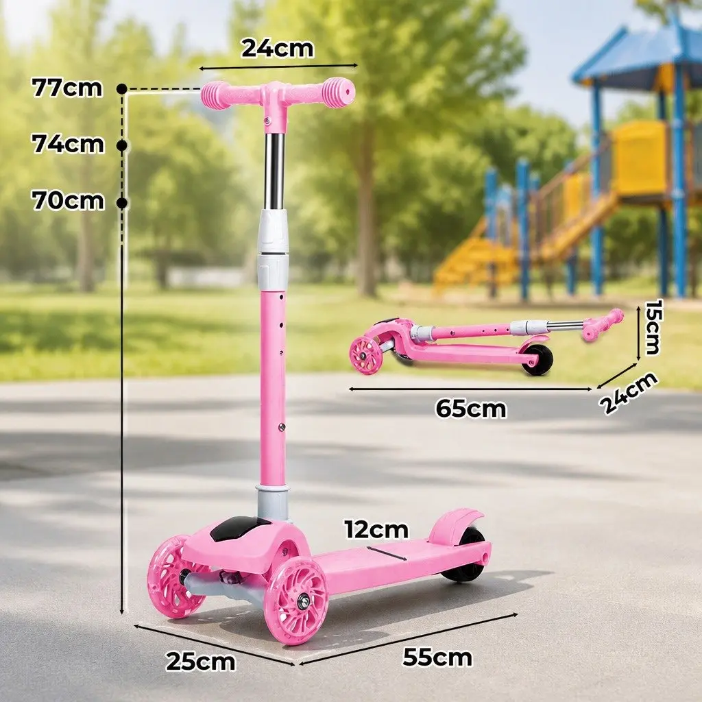 Pink Kids Scooter 3 Wheel Adjustable Height Foldable with LED Light and Music