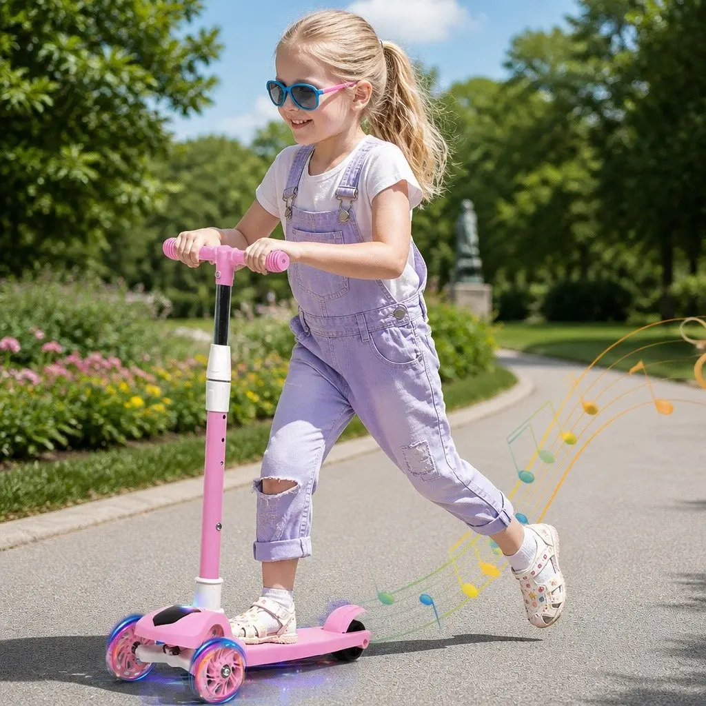 Pink Kids Scooter 3 Wheel Adjustable Height Foldable with LED Light and Music