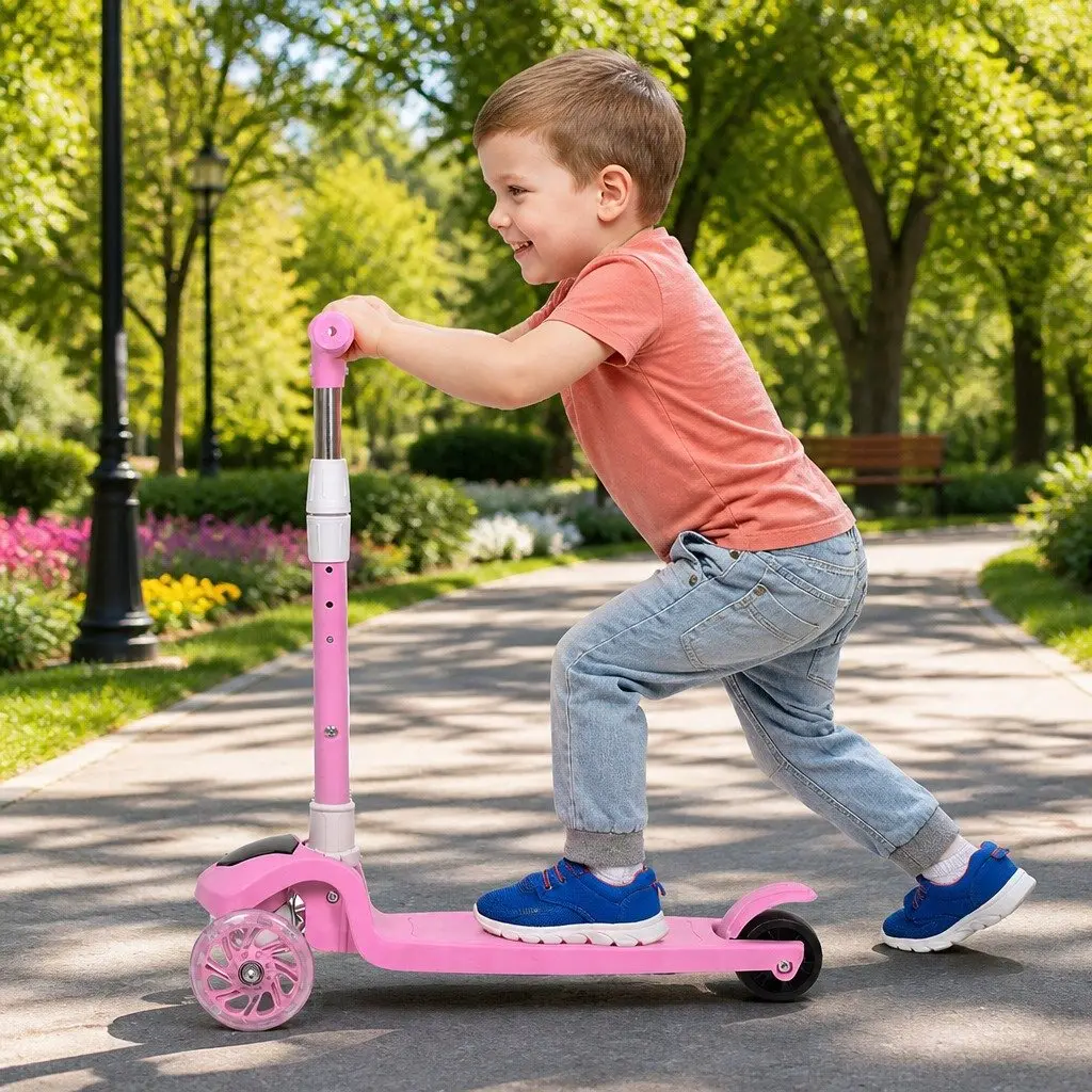 Pink Kids Scooter 3 Wheel Adjustable Height Foldable with LED Light and Music
