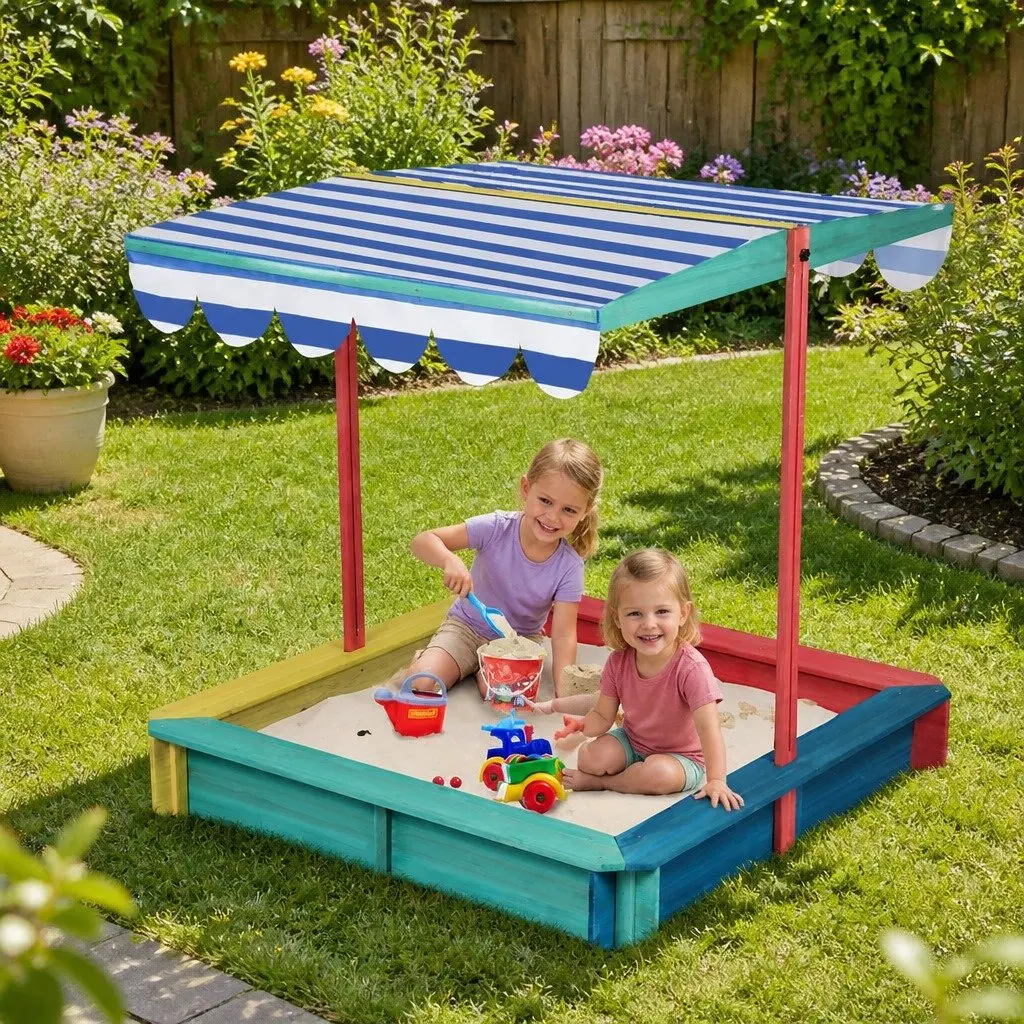 Kids Wooden Sandbox UV Resistant Canopy 120x120cm Outdoor Play Pit